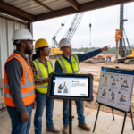 Real-world photo of frontline construction workers and their supervisor in a rugged training area, using a durable mobile tablet (Setters logo) to review an interactive guide about soil stabilization specific to the local context.