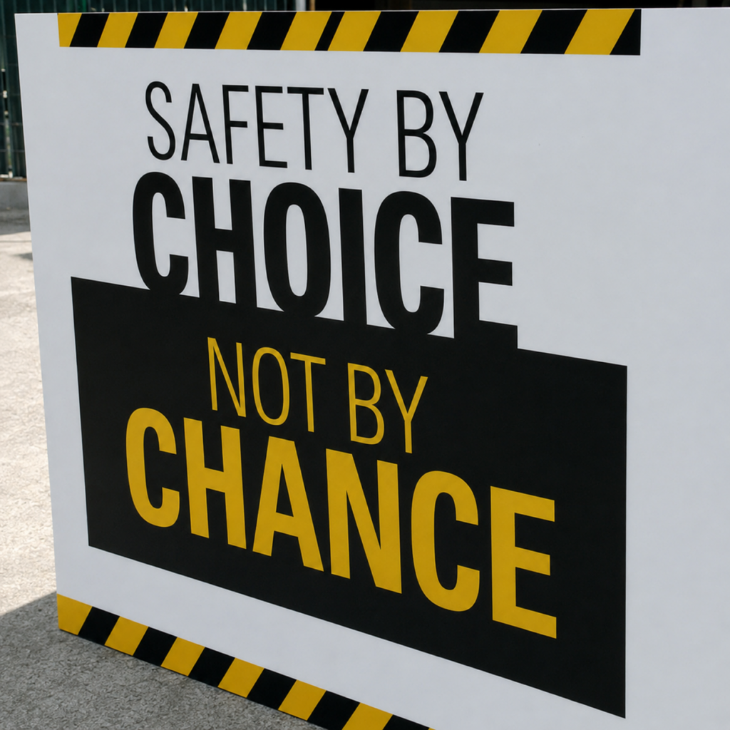 Safety by Choice, Not by Chance industrial safety sign with black and yellow hazard stripes
